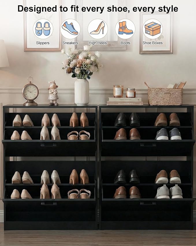 Shoe Cabinet Organizer with 2 Flip Drawers, Freestanding Narrow Rack with Adjustable & Removable Shelves, Slim Shoe Storage for Entryway, Foyer, Hallway, Black