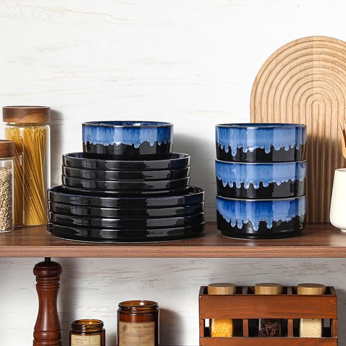 vancasso Starry Plates and Bowls Sets,12 Pieces Blue Dinnerware Sets for Kitchen,Modern Stoneware Dishes Set for 4,Dishwasher and Microwave Safe
