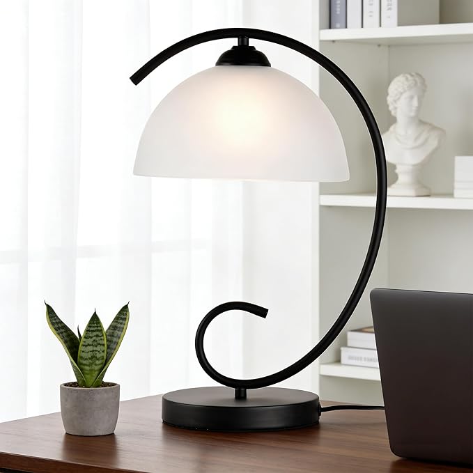 Modern Bedside Table Lamp with Frosted Glass Dome Shade, Sand Black Metal Base, E26 Socket, Plug-in with On/Off Switch for Bedroom, Living Room – No Bulb Included