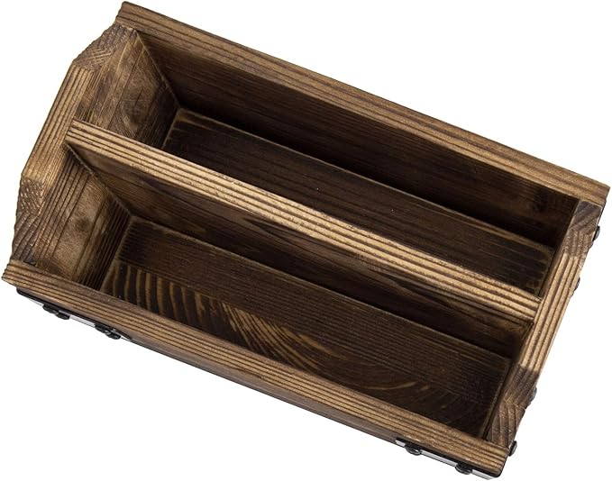 MyGift Wood TV Remote Control Holder, Remote Organizer Storage Caddy for Table with 2 Compartments and Decorative Black Metal Wrap Accents, Rustic Burnt