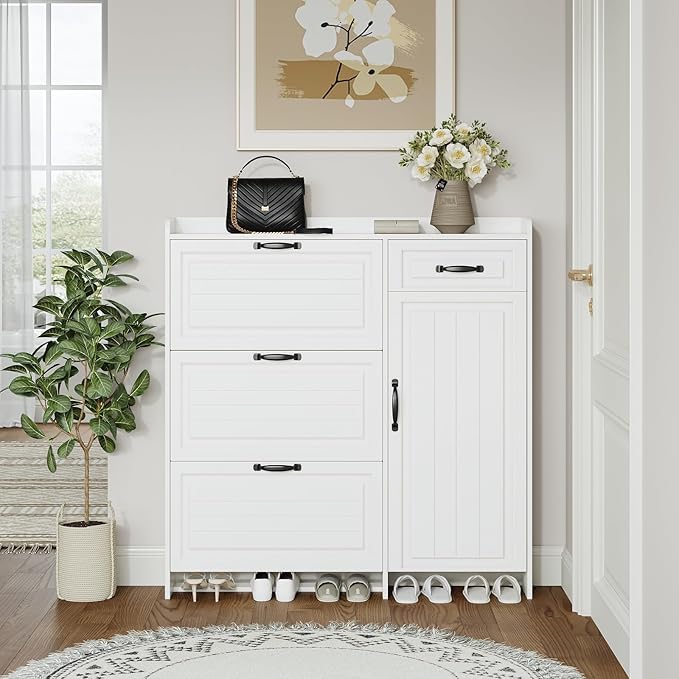 Shoe Cabinet for Entryway, Large Slim Shoe Storage Cabinet with 3 Flip Drawers and 1 Storage Drawer, Shoe Rack Organizer Cabinet for Hallway, Living Room, White