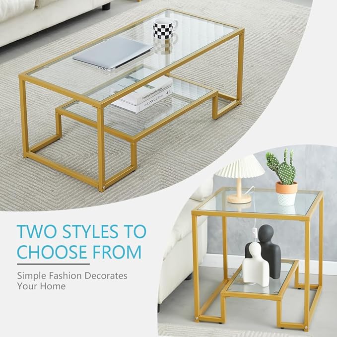Golden Metal Glass Coffee Table - Two-Tiered with Tempered Glass, Stylish Metal Frame Coffee Table for Bedroom, Dining Room, Office Room.