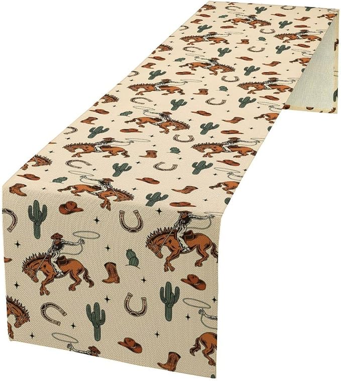 Boho Cowboy Table Runner, Western Rustic Country Horse Wild Tropical Cactus Desert Table Runner for Kitchen Dining Home Decoration, 13x36 Inch