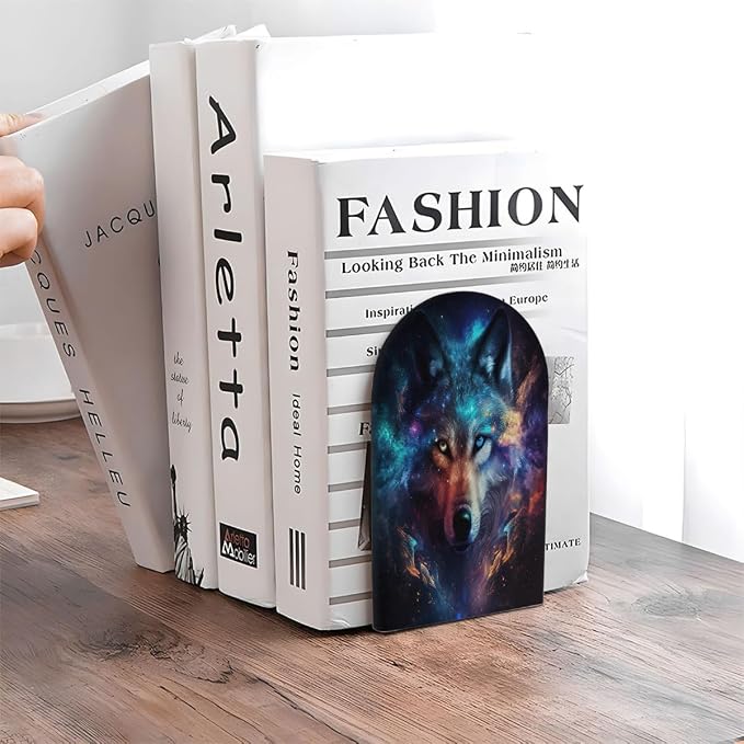 Galaxy Animal Wolf 2Pcs Book Ends for Shelves Non-Skid Wood Bookends Decorative Back to School Books Holders Book Stoppers Bookshelf Accessories for Desk Home Office School Decor (1 Pair)