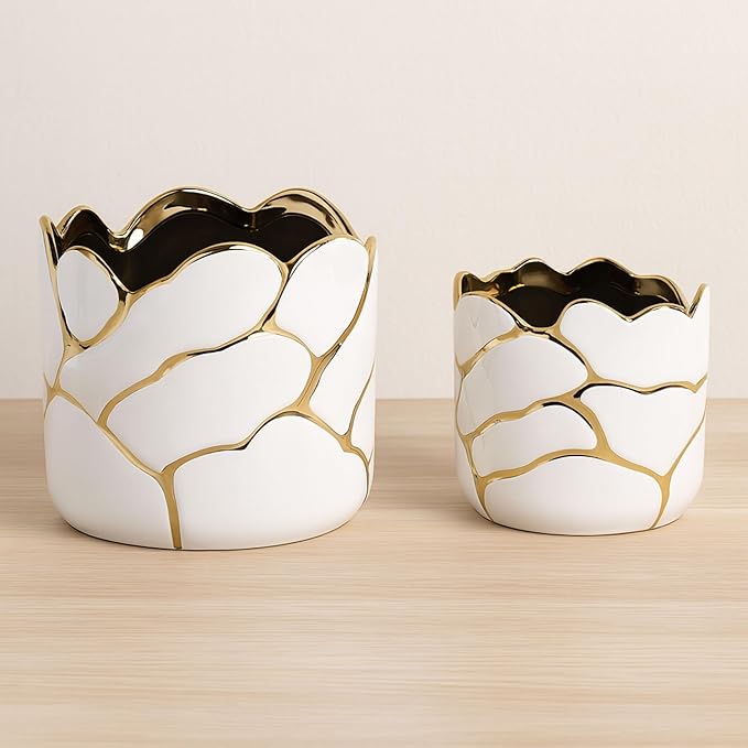 Set of 2 Plant Pots for Indoor Plants – Ceramic Planters with Gold Accents, Decorative Pots for Home Decor, Modern Indoor/Outdoor Ceramic Planter Set, Stylish Pot for Plants – 6/7", White