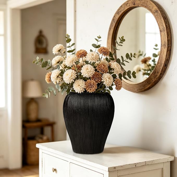 Slim Flat Ceramic Vase for Home Decor, 13" Ribbed Modern Flower Vase, Space-Saving Narrow Decorative Vase for Pampas Grass Artificial Flowers, Farmhouse Boho Table Centerpiece, Black