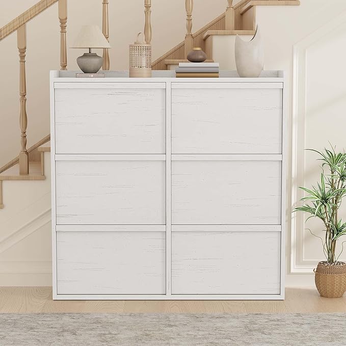 GarveeHome Shoe Cabinet with 6 Flip Drawers, Wooden Shoe Organizer Cabinet with Adjustable Shelf, Shoe Storage for Entryway, Hidden Shoe Cabinet for Hallway, Living Room, White