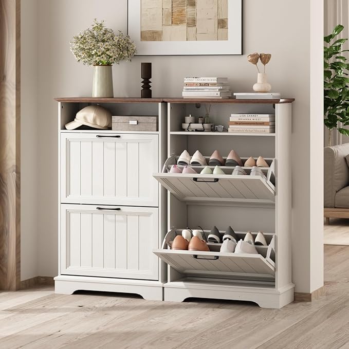 Shoe Storage Cabinet with 2 Flip Drawers, 24" W Farmhouse Modern Hidden Shoes Rack Cabinet with Adjustable Shelves & Open Storage, Narrow Slim Shoe Organizer for Entryway, Hallway, Antique White
