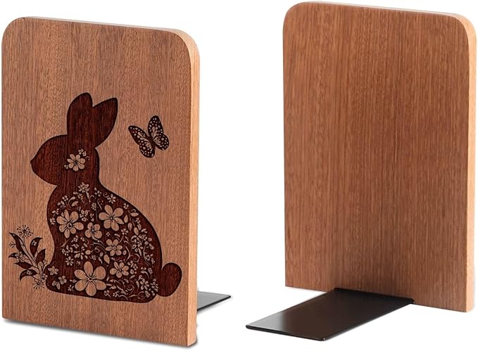 Bunny Gifts for Women Girls, Bunny Bookends, Gifts for Rabbit Lovers, Heavy Duty Wooden Book Ends for Shelves Decorative(1 Pair, 4.72x6.69 Inches)