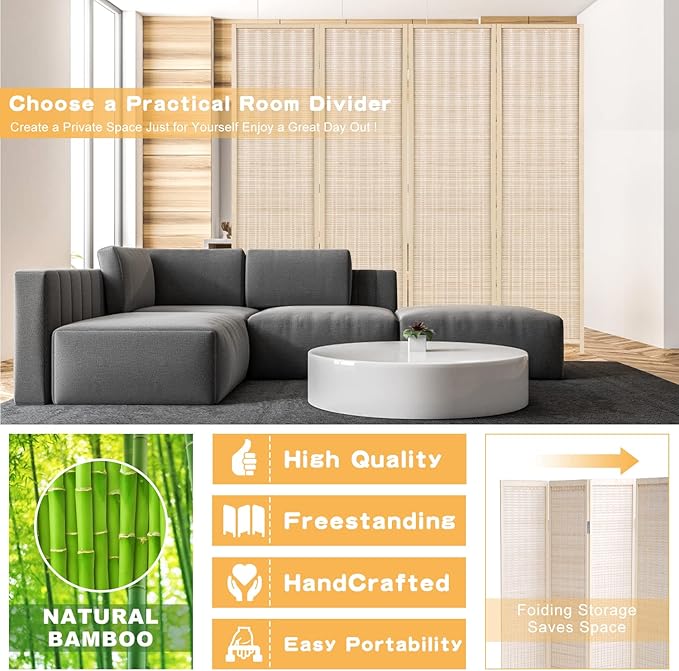 6ft Bamboo Room Divider Folding Privacy Screen 4 Foldable Panels Partition Wall Divider Freestanding Room Dividers Home Portable Partition Screen for Bedroom, Natural
