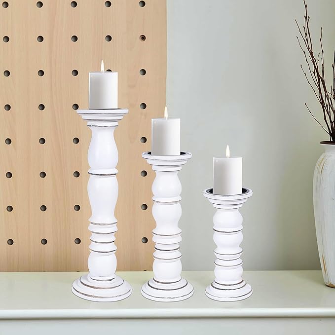 Wooden Candle Holder Set of 3 - Handcrafted Pillar Candle Stand (15", 12", 9") - Rustic Mango Wood Decorative Candle Holders for Home, Living Room, and Dining Table - White Antique