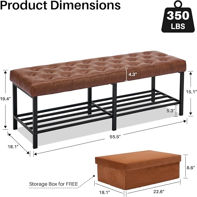 SOFTHION 55.5" End of Bed Bench, Modern Leather Button Tufted Bedroom Bench, Upholstered Storage Shoe Bench with Metal Base, Dinning Table Bench for Living Room, Bedroom, Entryway,Brown