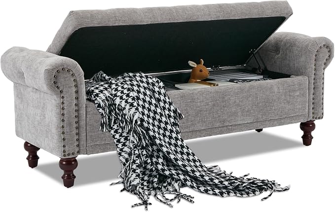 SOFTHION 58.1" Storage Bench Upholstered Chenille End of Bedroom Bed Bench Ottoman with Tufted Cushioned Rolled Arm Large Storage Space for Reading Living Room Entryway, Light Grey