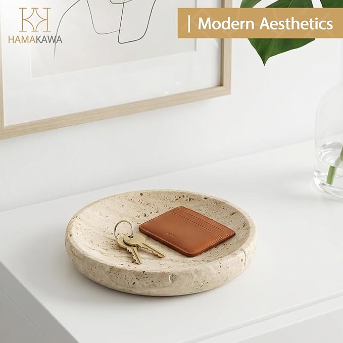 Natural Marble Jewelry Dish, Round Beige Decorative Trinket Tray 5.7 inch, Modern Stone Shower Soap Holder, Travertine Dish for Rings, Earrings, Ideal Gift for Women