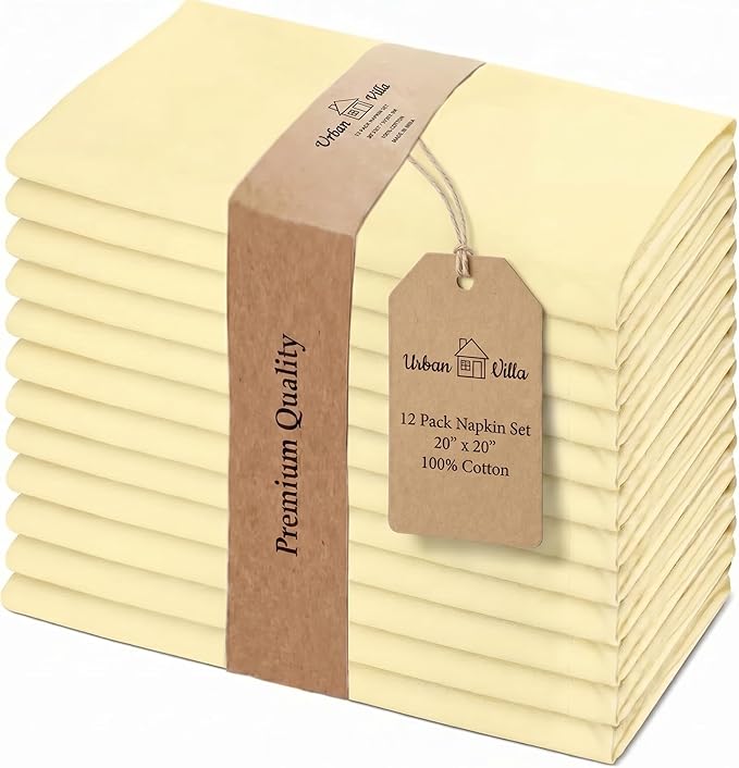 Urban Villa Cloth Napkins 100% Cotton Highly Absorbent Washable Durable Reusable Premium Dinner Napkins Ideal for Gifts for Mothers Day Hotel Farmhouse Parties - Yellow (20" x 20", Set of 12)