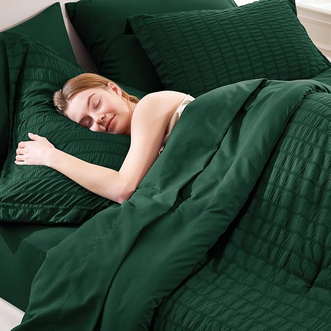CozyLux Oversized Queen Comforter Set Emerald Green Seersucker 7 Pieces 98x98 Bed in a Bag Comforter Set with Sheets, Luxury Bedding Sets with Down Alternative Comforter, Sheets, Pillowcases & Shams
