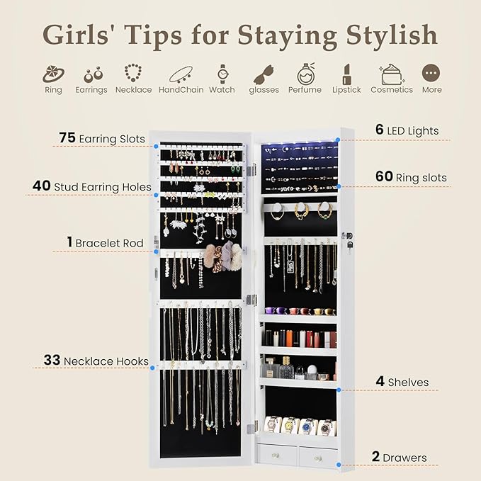 Sweetcrispy Jewelry Organizers and Storage, Wall/Door Mounted Jewelry Armoire with Full Length Mirror, 47.2" Tall Mirror with Storage, Automatic 6 LED Lights, Lockable, 2 Drawers, White