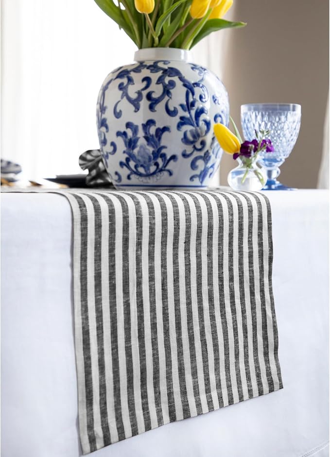 Solino Home Linen Table Runner 144 Inches Long - Amalfi Stripe, 100% Pure Linen Black and White Table Runner 14 x 144 Inch for Dining, Summer
