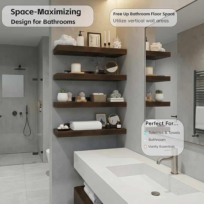 Lufia Floating Wall Shelves, Set of 4, MDF with Invisible Brackets, Modern Storage for Bedroom, Bathroom, Living Room, Kitchen (Rustic Brown, 15.8" W x 5.5" D x 1.2" H (4 Pieces))
