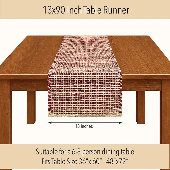 Chardin home Natural Jute Table Runner 13x90 Inch – Vintage Boho Rustic Table Decor – Handwoven Table Runner in Natural Jute and Red – Farmhouse Dining or Console Table Accent
