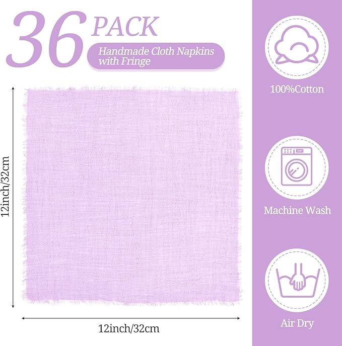 36 Pack Lavender Handmade Cloth Napkins 12 x 12 Inch Cotton Linen Napkins with Fringe, Washable and Reusable Napkins, Soft Rustic Boho Fringe Cloth Napkins for Dinners,Parties, Wedding