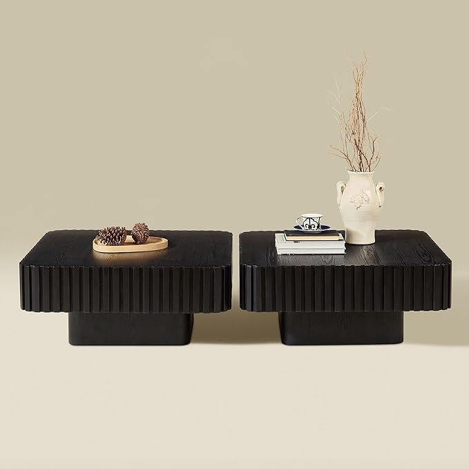 31.5" Square Coffee Table Set of 2, Wooden Center Tea Table 2 Piece Accent End Table for Living Room Apartment, with Sturdy Curved Base & Solid Wood Fluted Side, Black
