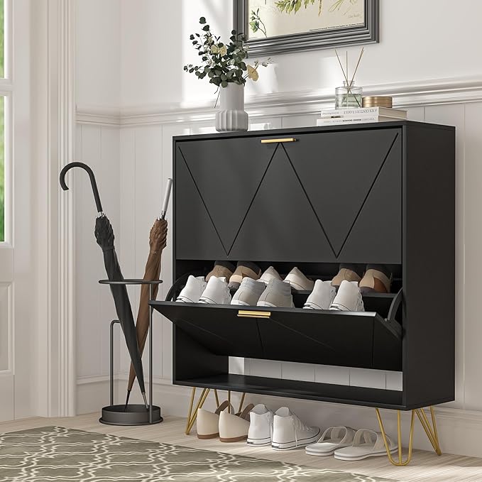 LYNSOM Shoe Cabinet with 2 Flip Drawers, Black Shoe Storage Cabinet, Slim Wooden Freestanding Shoe Rack, Shoe Organizer with Fluted Panel for Entryway Hallway