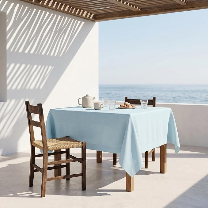 Solino Home Linen Tablecloth 52 x 52 Inch - 100% Pure Linen Ice Water Square Tablecloth - Fete, Machine Washable Table Throw for Summer