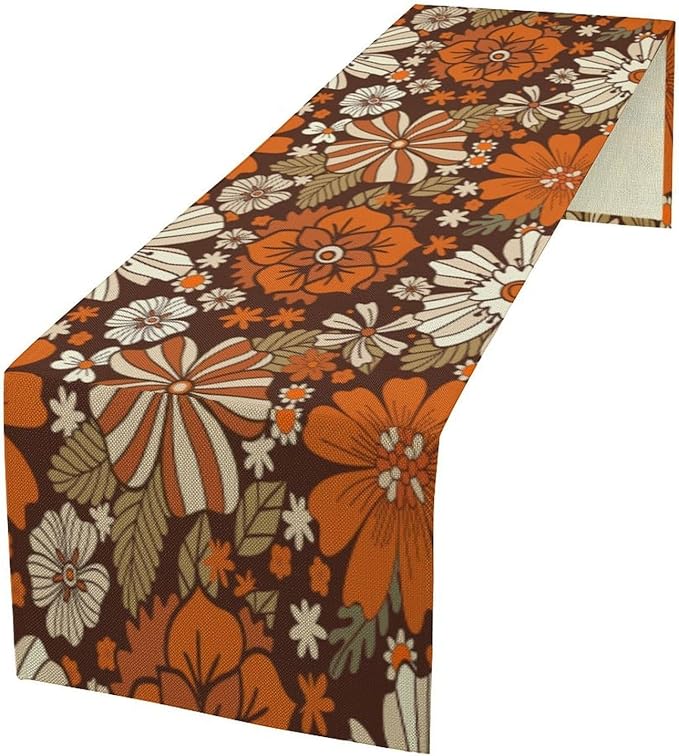 Retro Floral Table Runner 60s 70s Hippie Autumn Flowers Leaves Boho Daisies Flower Dinner Runner for Home Kitchen Dining Table Party Decor 13"x70"