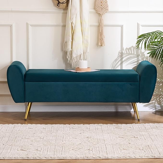 Storage Bench for Bedroom, 55" Extra Long Bench for King Size Bed, Modern Upholstered End of Bed Ottoman Bench with Arms for Entryway Living Room (Velvet, Teal/Blue-Green)