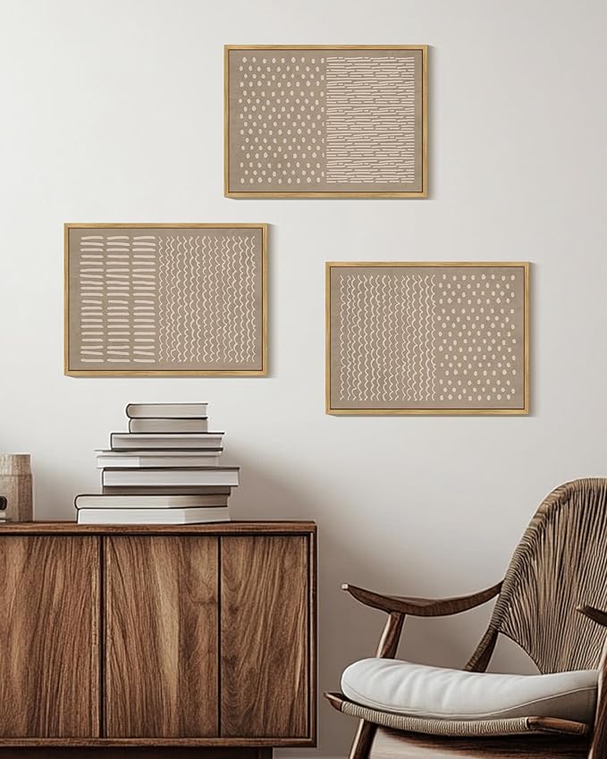 PHOPAGO Boho Mid-Century Modern Framed Wall Art Minimalist Geometric Neutral Wall Decor Bohemain Artwork Hallway Dining Room Decor - 12x16in Natural Framed