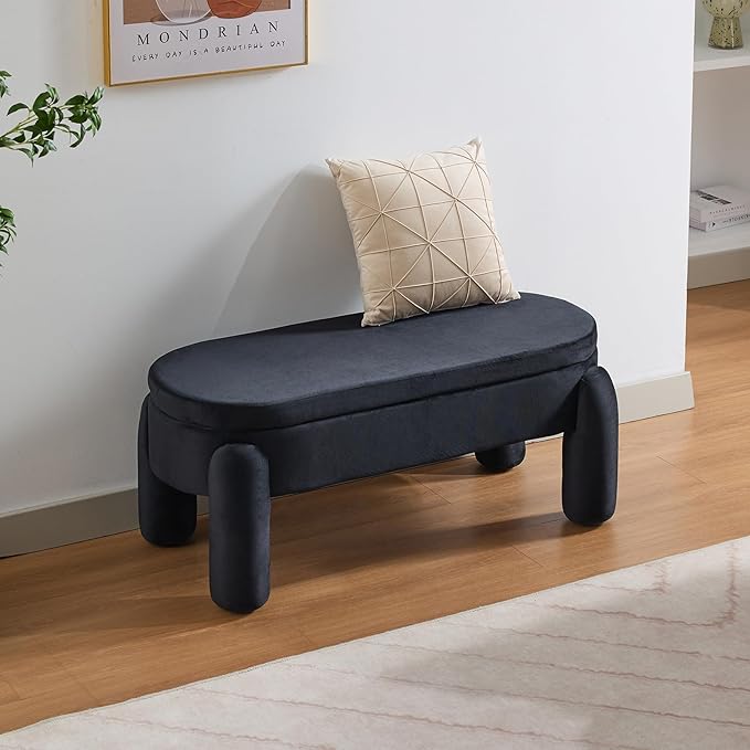 Modern Storage Bench End of Bed Stool 45 Inch Ottoman Bench, Upholstered Bedroom Benches for Entryway, Hallway, Living Room, Large Storage Foot Rest Stool, Velvet Black