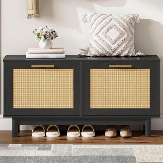 HOOBRO Rattan Shoe Storage Bench with Double Flip Drawers, Narrow Shoe Storage Organizer for Entryway, 11.8" D x 39.4" W x 20.9" H, Hidden Space Saving Wooden Shoe Cabinet for Hallway, Black BN51HX01