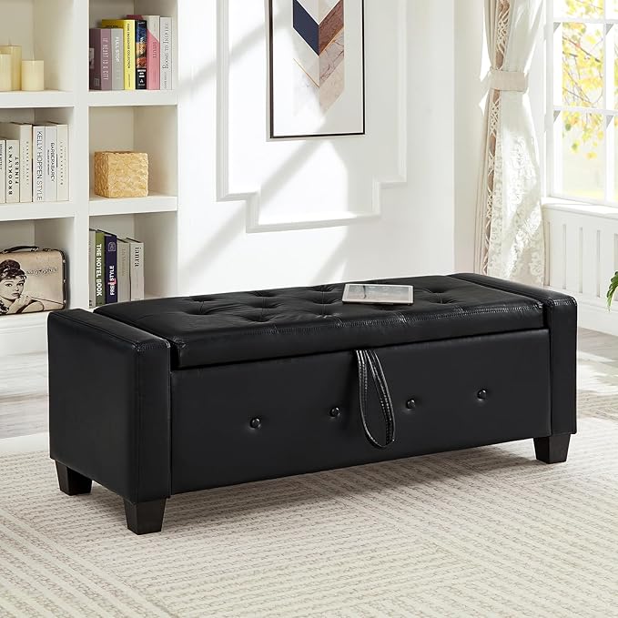 Furniliving 48" Ottoman with Storage, End of Bed Bench with Button-Tufted Large Upholstered Storage Ottoman Entryway Bench Storage Bench for Bedroom, Living Room, PU, Black