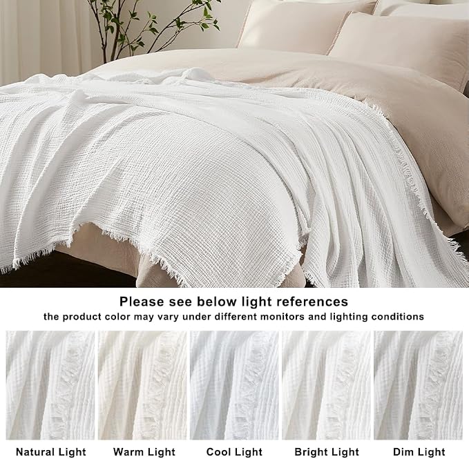 WDCOZY Muslin Throw Blanket 100% Cotton Blankets 4-Layer Breathable Lightweight Soft for Couch Boho Farmhouse Linen Tassels Ruffle Gauze Blankets All Season for Adults 50x60 Inches White