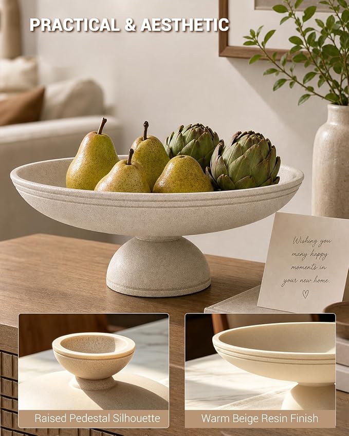 Large Decorative Bowl, Handcrafted Beige Resin Pedestal Centerpiece, Fruit Bowl for Kitchen Counter, Durable Catch-All Dish and Entryway Key Holder, Modern Home Decor, 11.7 in