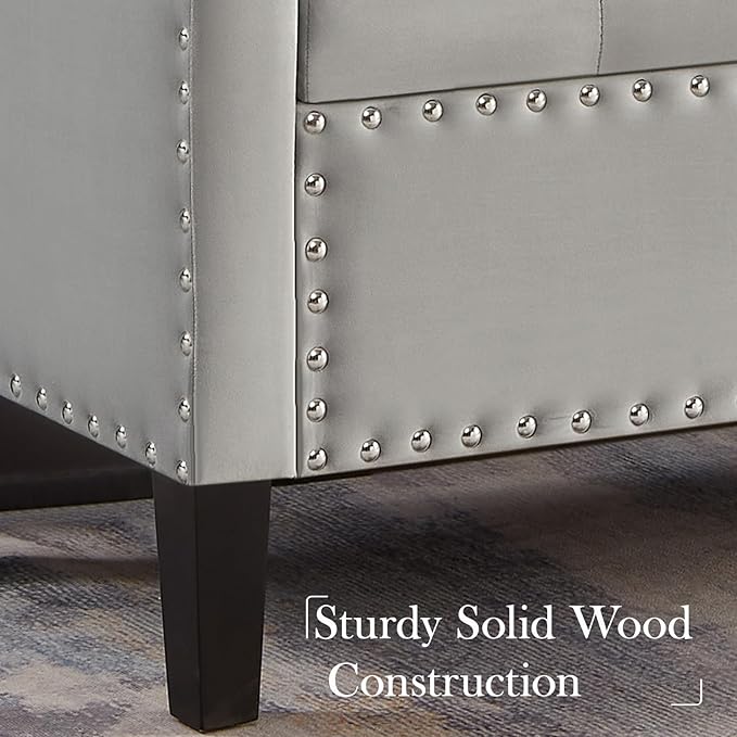 48" Velvet Upholstered Storage Ottoman,Luxury Rectangle Entryway Tufted Button Long End of BedBench, Rolled Arm Bench Seat with Wood Legs, Living Room,Bedroom,Grey