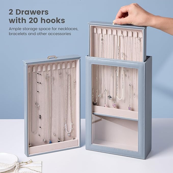 Lolalet Necklace Organizer Box, Jewelry Storage Box with Clear Window for Necklaces Bracelets, Tangle-Free Necklace Display Case for Women Girls, Mothers Day Gift