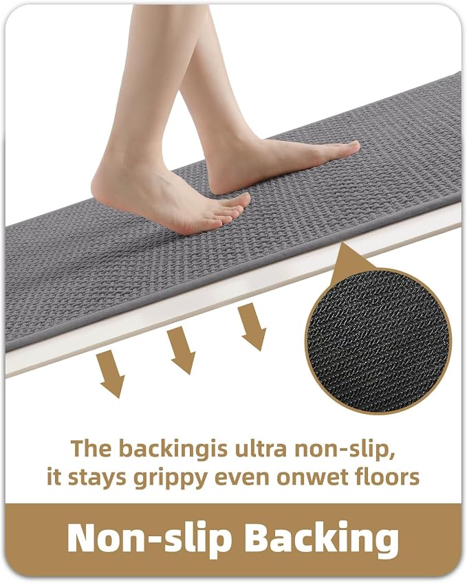 Color&Geometry Rubber Backed Waffle Bath Mat 36x24, Non Slip Water Washable Bathroom Rugs, Soft Absorbent Chenille Boho Carpet for Bathroom Floor, Tub and Shower, Grey