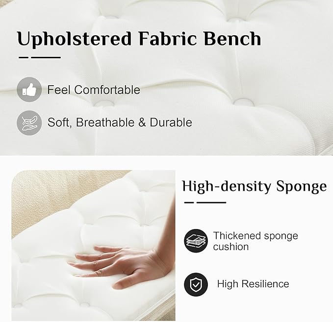 LOULENS 43.9" Linen Fabric End of Bed Bench, Vintage French Upholstered Button Tufted Entry Bench, Window Seat with Carved Wood Legs for Bedroom, Living Room, Entryway, Foyer, Hallway, White