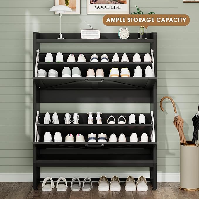 GRUSIGN Shoe Cabinet, Shoe Storage Cabinet with 2 Flip Drawers & Adjustable Shelf, Space-Saving Shoe Organizer – Holds 16+ Pairs, Narrow Shoe Cabinet Storage for Entryway/Hallway（Black）