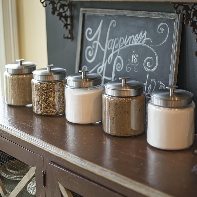 Anchor Hocking Montana Glass Jars with Fresh Sealed Lids, Brushed Metal, 96 oz (Set of 2)