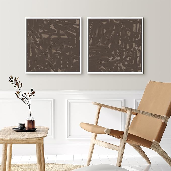 SIGNFORD Framed Canvas Print Wall Art Set Abstract Expressionist Brushstroke Bold Brown Illustrations Modern Art Minimal Relax/Calm for Living Room, Bedroom, Office - 24"x24"x2 White