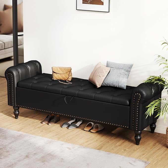 Furniliving 63” End of Bed Bench, Bedroom Bench with Button-Tufted, Upholstered King Storage Ottoman Benches Queen Entryway Bench with Storage Shoe Cabinet Bench, for Bedroom, Black