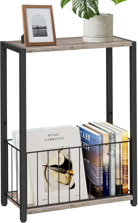Homleke Narrow Side Table with Magazine Holder, Skinny End Table Perfect for Small Spaces, Space-Saving Design for Living Room, Bedroom, or Office, 7.1" D x 16.9" W x 23.6" H, Greige