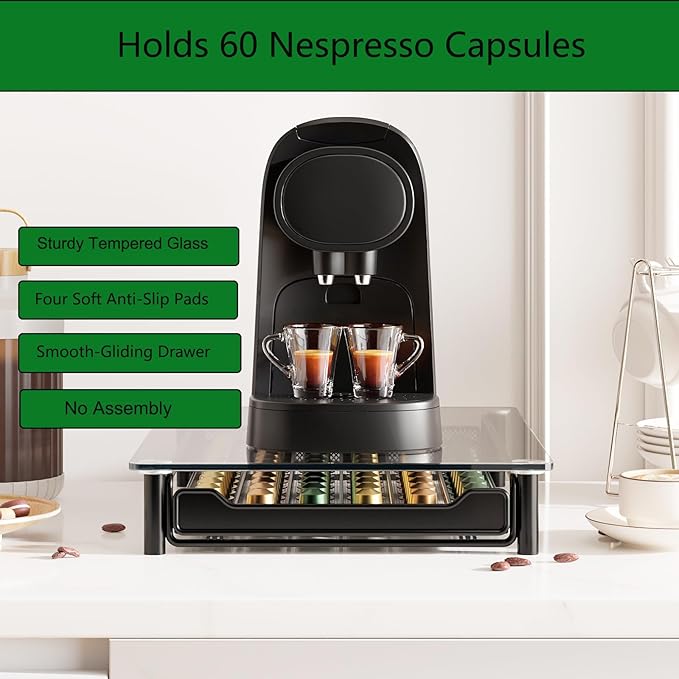 SEVENLINE Crystal Tempered Glass Coffee Pod Storage Drawer Compatible with Nespresso OriginalLine Capsules Holder 60 Original Line Pods Holds Kitchen Organizer