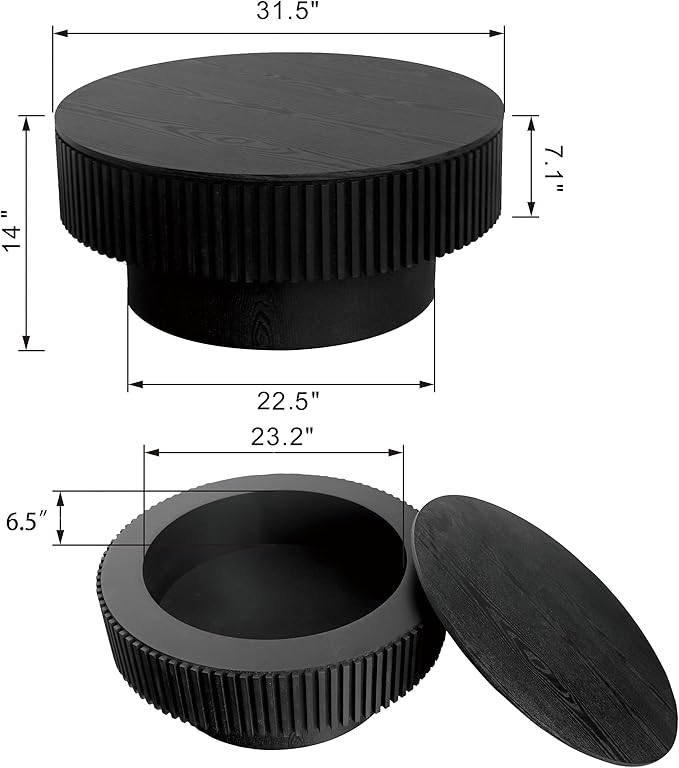 φ31.5 Round Coffee Table with Storage, Wood Veneered Pedestal End Table for Living Room, Modern Contemporary Circle Fluted Drum Side Table for Small Space - ø31.5" x 14"H Black
