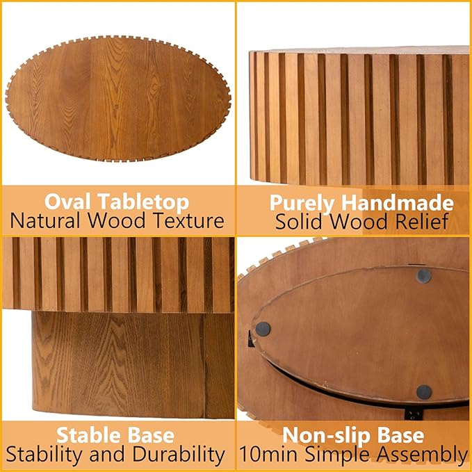 Modern Wood Oval Coffee Table - Handcraft Drum Coffee Tables with Sturdy Base, Easy Assembly, Contemporary Style Small Coffee Table Tea Table for Living Room, Bedroom, Office (Natural Oval)