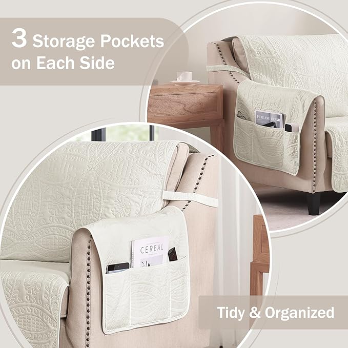 Ivory White Loveseat Couch Cover 2 Cushion Sofa, Water-Repellent Sofa Slipcover for Couch, Machine Washable Love Seat Quilted Couch Covers, Loveseat Slipcovers (Loveseat 56", Ivory White)