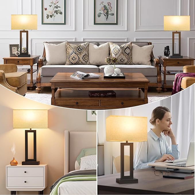 Seealle 22" Tall Living Room Lamps for Night Stands - Touch Bedside Lamp with USB C+A, 3 Way Dimmable Bedroom Lamps for End Tables Set of 2, Modern Night Stand Lamps for Bed Side(Cream&Black)